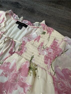 Tamara H Sheer Pink Floral Smocked Blouse with Ruffle Tie Neck Shiny Bows